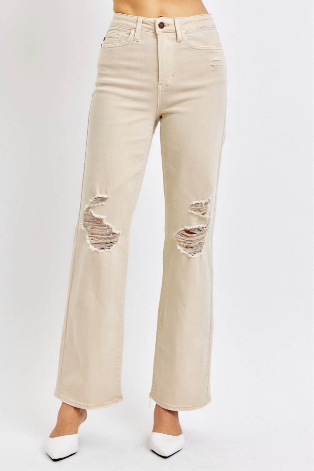 Tabitha HW Khaki 90s Straight Destroyed Jeans