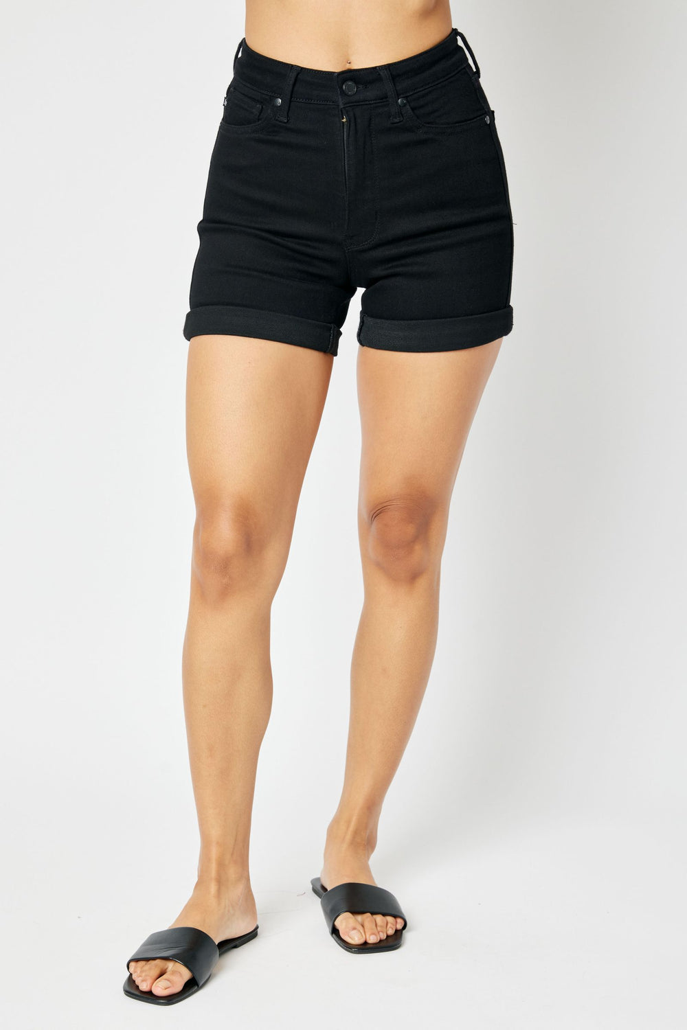Hi Waist Black Tummy Control Cuffed Shorts