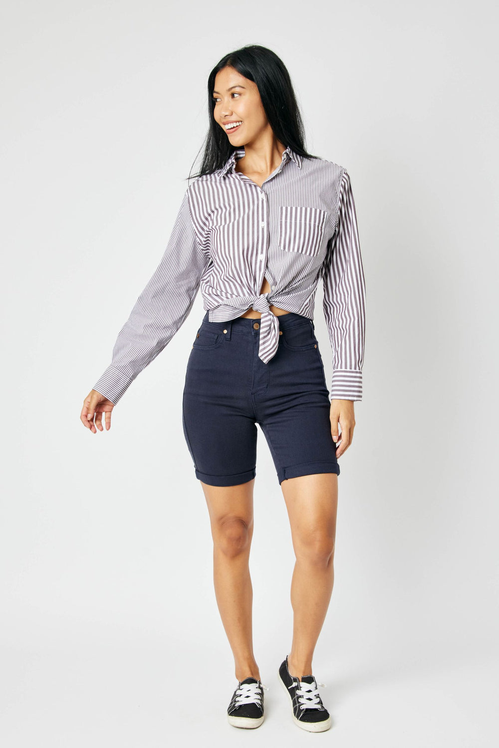 Navy Blue HI Waist Tummy Control Bermuda Shorts