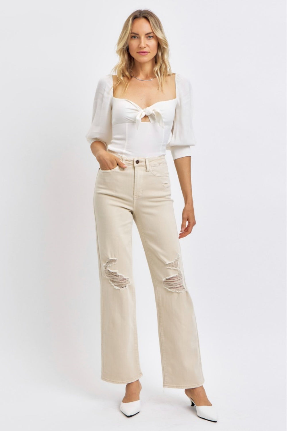 Tabitha HW Khaki 90s Straight Destroyed Jeans