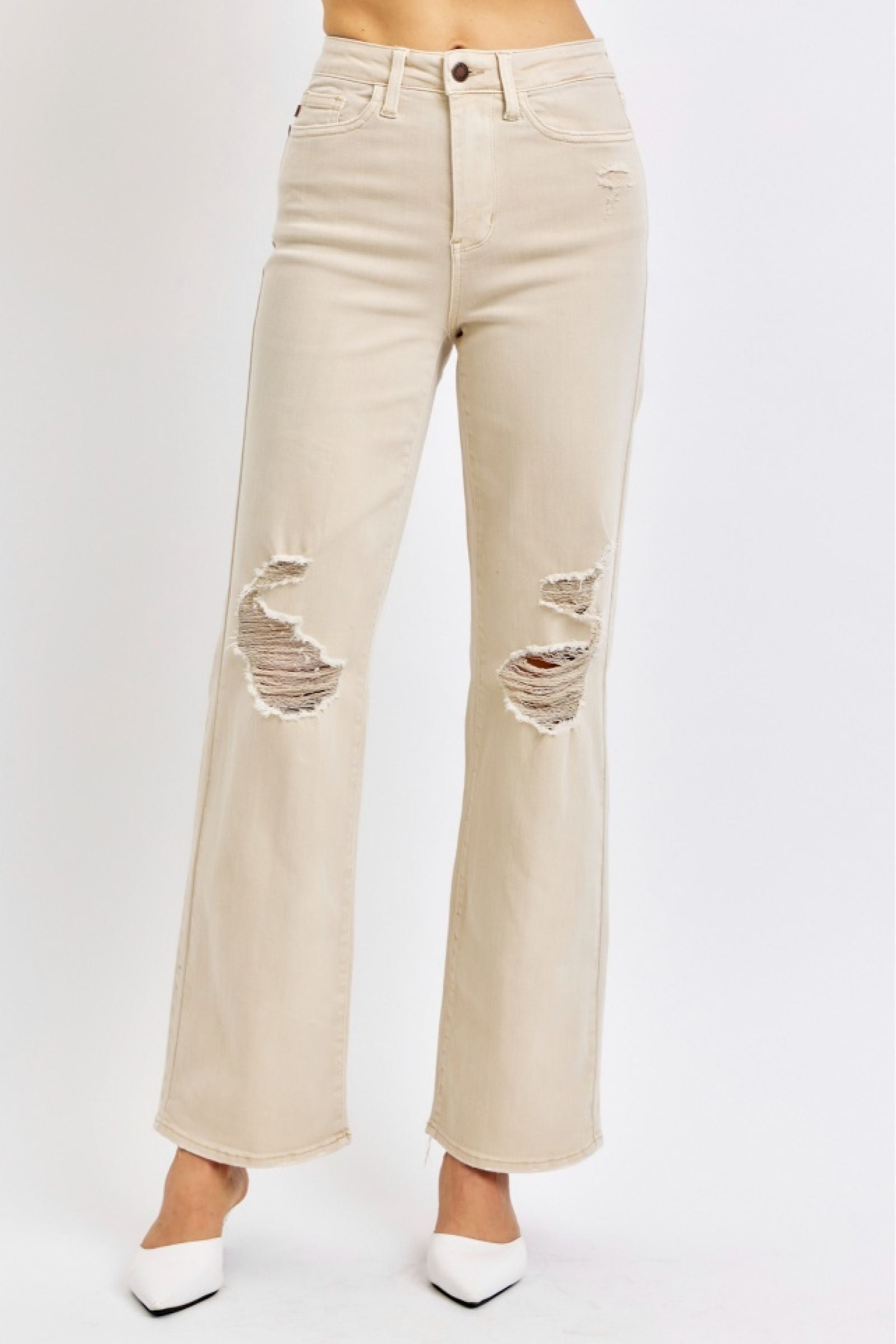 Tabitha HW Khaki 90s Straight Destroyed Jeans