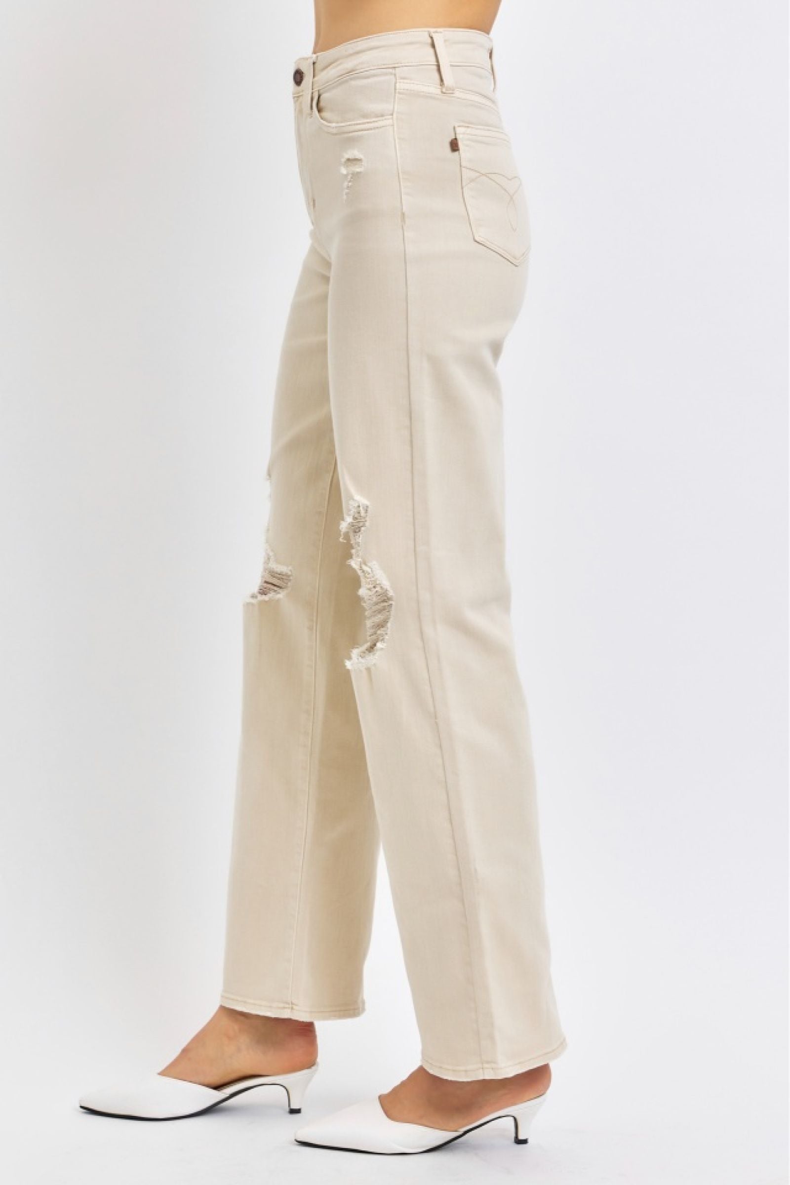 Tabitha HW Khaki 90s Straight Destroyed Jeans
